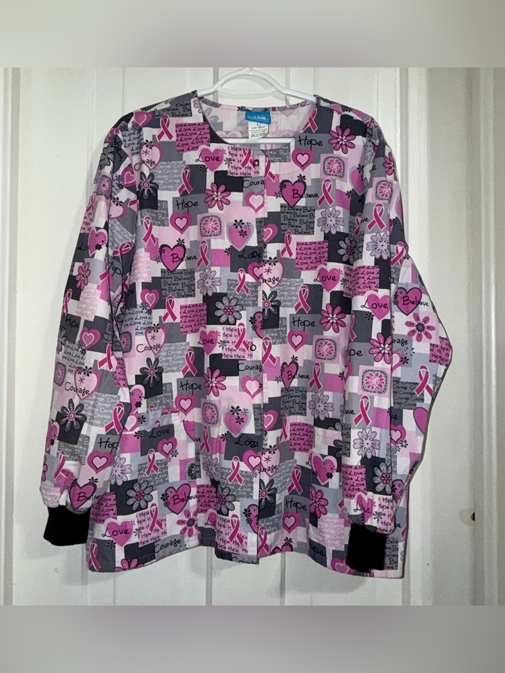 Women's size large scrub coat Pink & Gray Breast Cancer Awareness Jacket